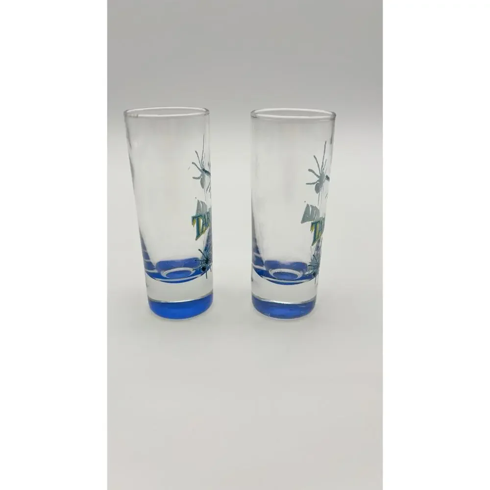 Set Of 2 Tarantula Tequila Shot Glasses Spiders Blue & Clear Very Good Condition